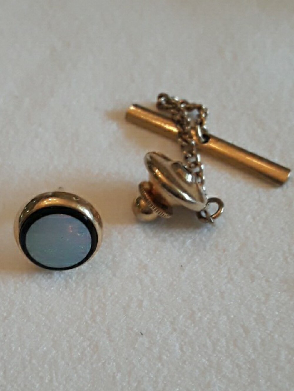 14K gold tie tack pin with opal and onyx stones